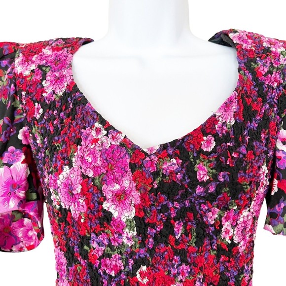 PANTAGIS Vtg 80s Drop Waist Floral Long Dress Rayon Big Shoulder Cutout Stretch - Picture 2 of 15